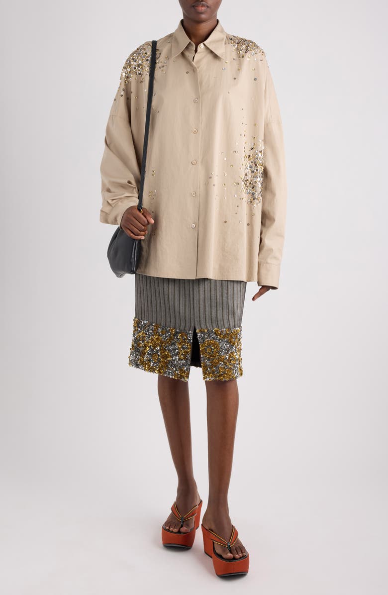 Dries Van Noten Firework Embroidered Cotton Poplin Button-Up Shirt, Alternate, color, Sand