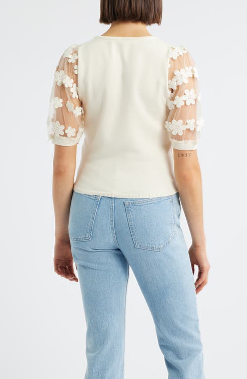 Bobeau Floral Appliqué Short Sleeve Surplice Sweater In White