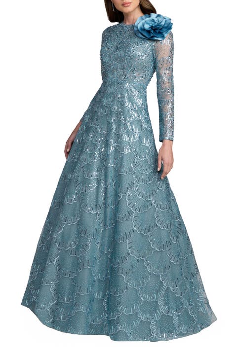 Embroidered Long Sleeve Flower Detail Gown