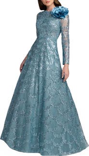 Mac Duggal Embroidered Long Sleeve Flower Detail Gown