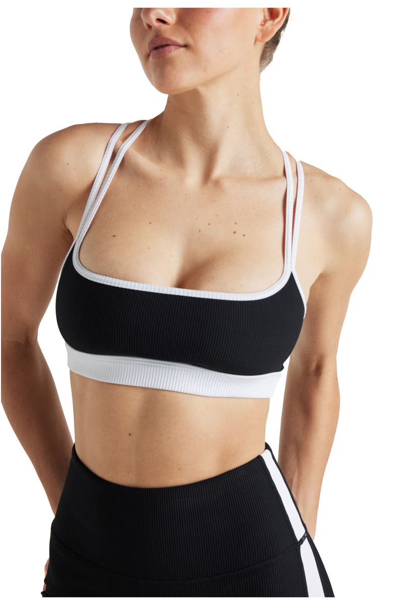 ELECTRIC YOGA Color Block Rib Bra, Alternate, color, Black/White