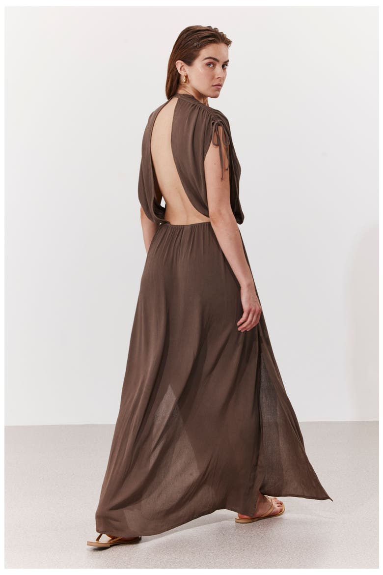 Solena Crêpe V Neck Open Back Midi Dress Cover-Up, Alternate, color, Khaki