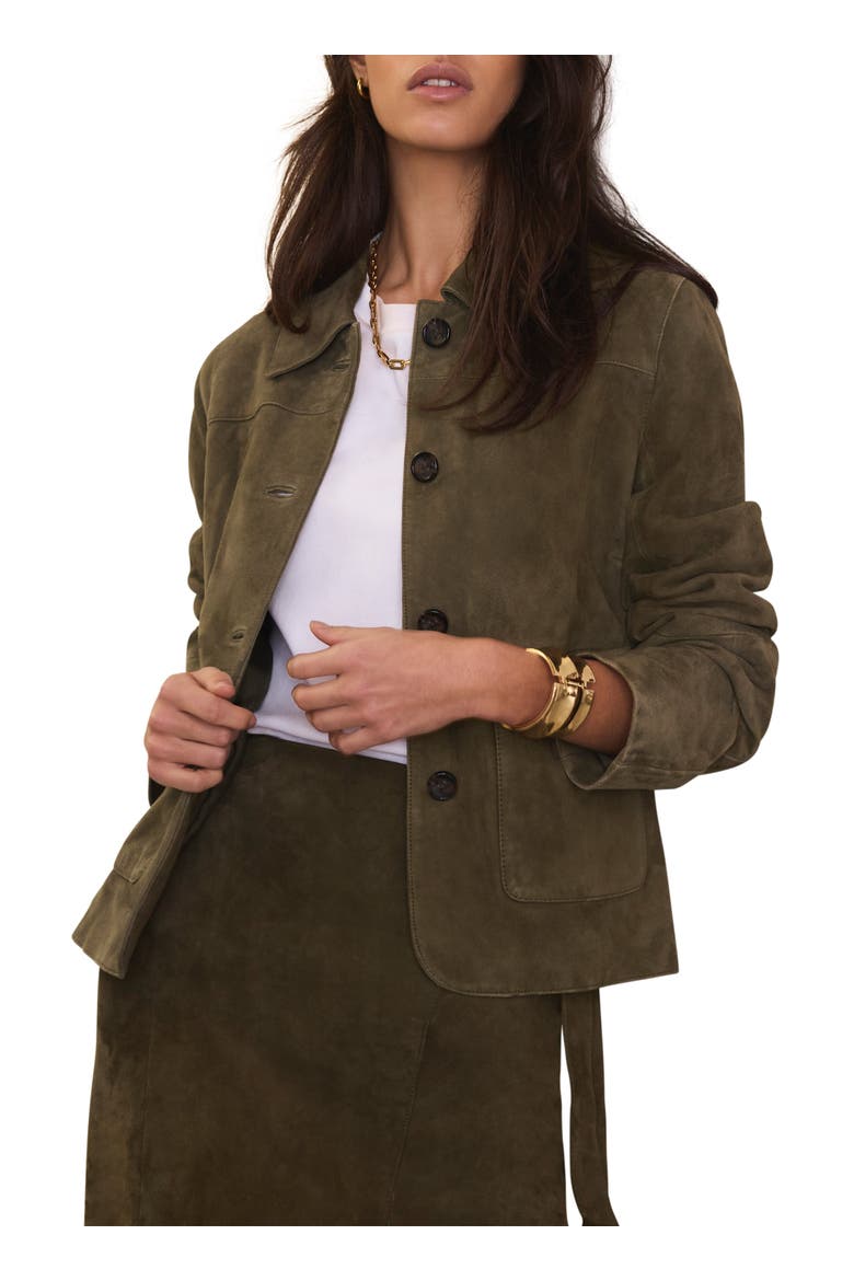 Suede Jacket with Classic Collar & Button-Front Pockets, Alternate, color, Khaki