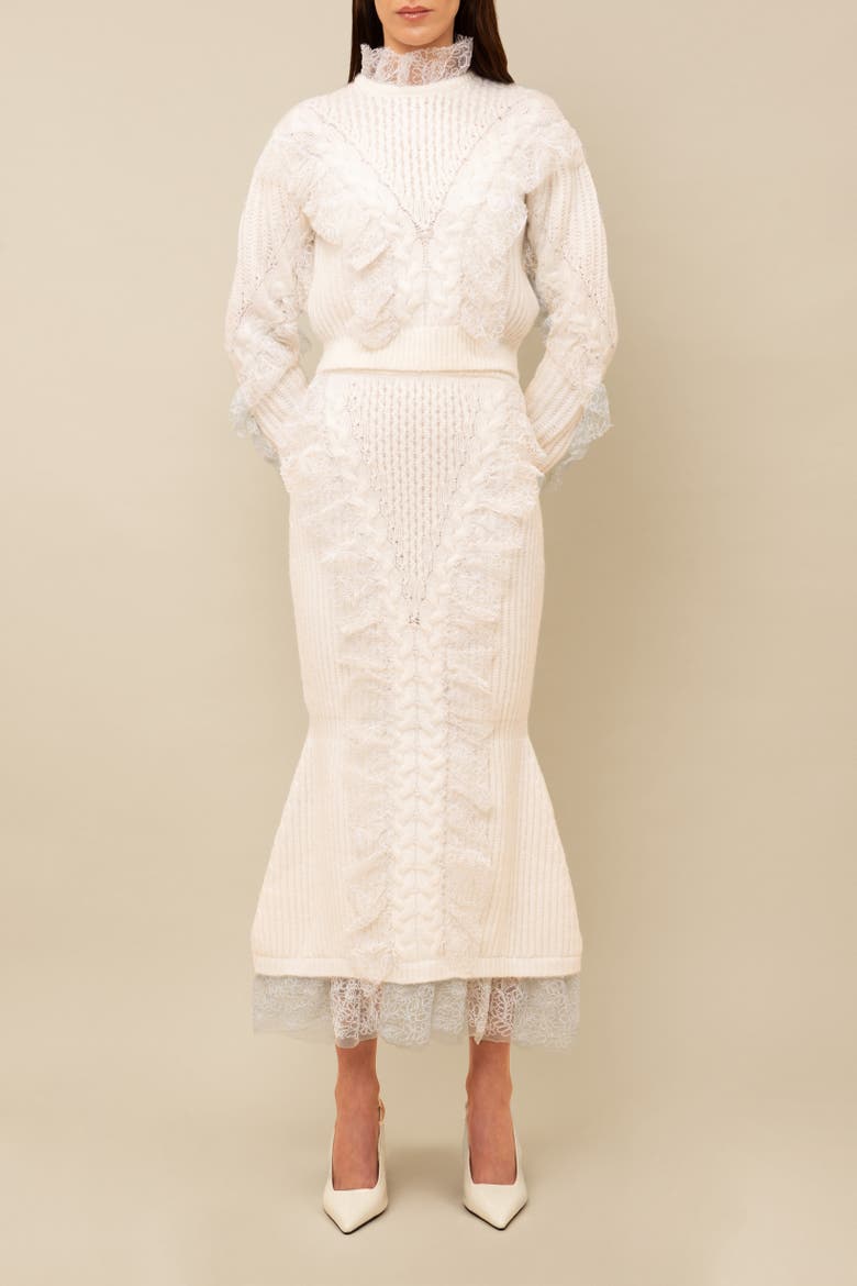 Wildes Soft Warm Lace-Trimmed Wool Knit Skirt, Main, color, White