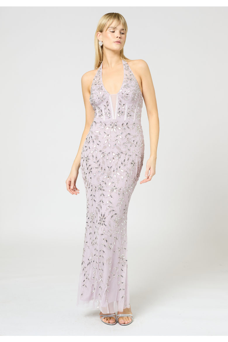 Embellished Sequin Beaded Maxi Corset Dress, Alternate, color, LILAC