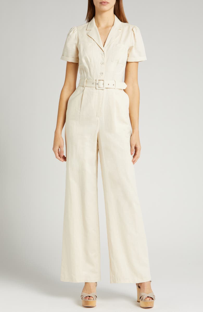 PAIGE Aislee Belted Linen Blend Jumpsuit, Main, color, Parchmt