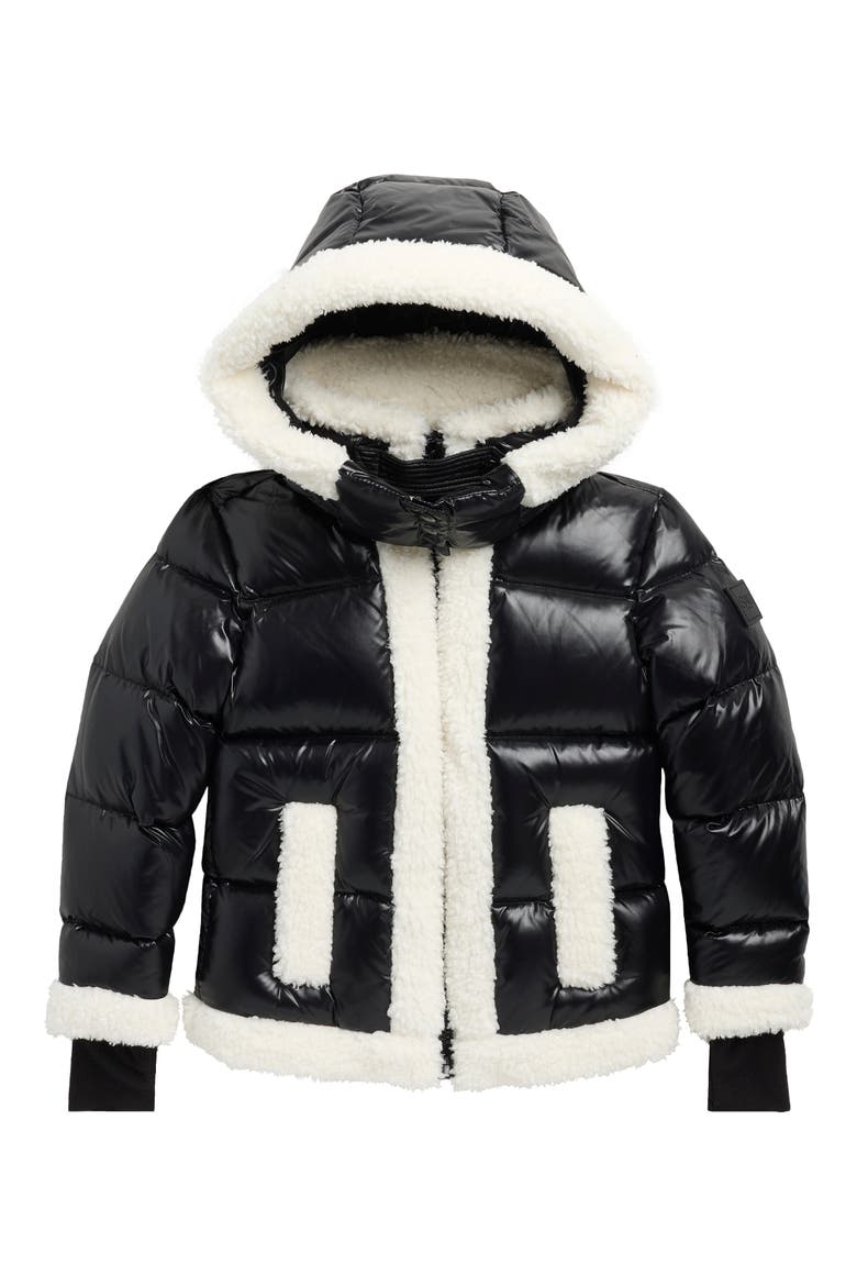 Kids' Carmen Faux Shearling & Faux Leather Hooded Jacket, Main, color, JET/ WHITE
