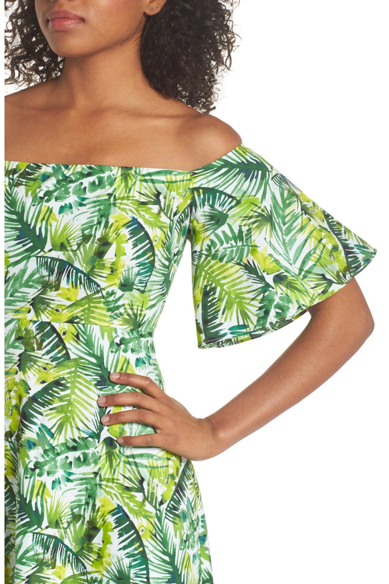 Palm Print Off the Shoulder Dress, Alternate, color, SOFT WHITE/ GREEN