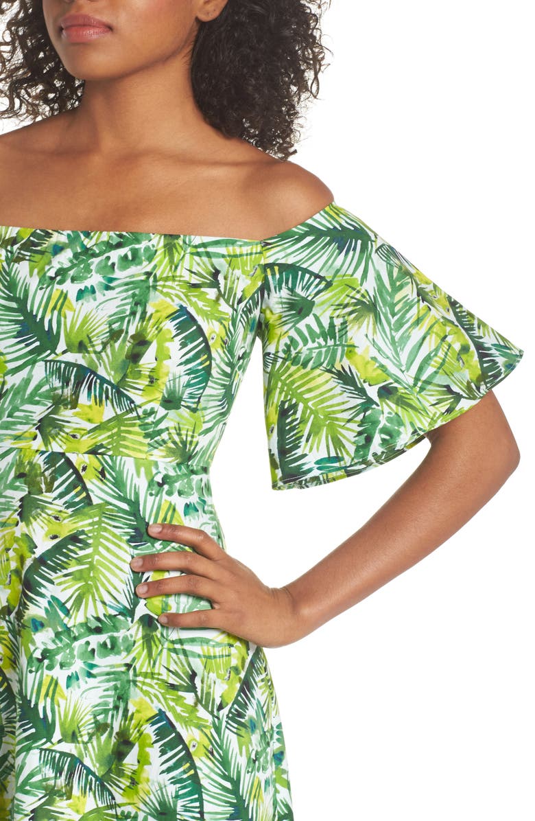 Clover and Sloane Palm Print Off the Shoulder Dress, Alternate, color, 