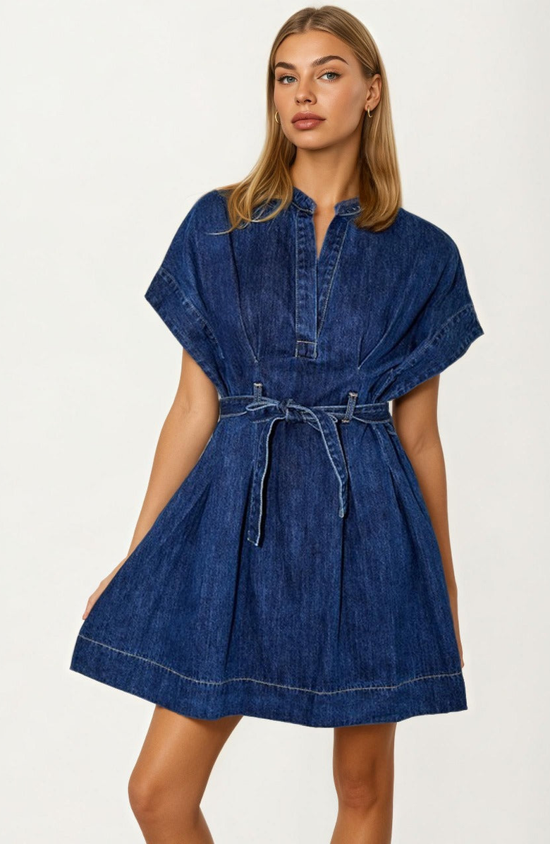 Knit and Lounge Belted Denim Mini Dress, Main, color, 