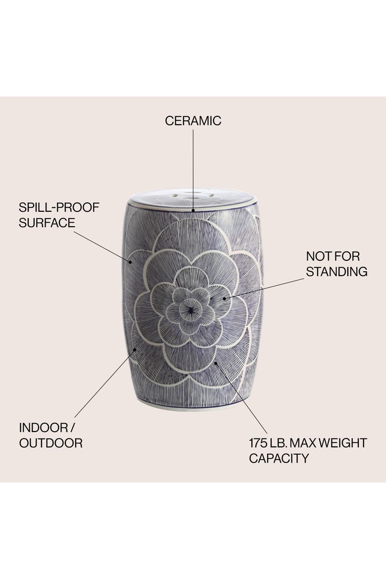 Camellia Traditional Floral Chinoiserie Ceramic Drum Garden Stool, Pierced Indoor/Outdoor Patio Seat & Side Table, Alternate, color, Blue