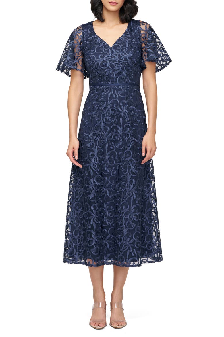 Jess Embroidered Flutter Sleeve Cocktail Dress, Main, color, NAVY