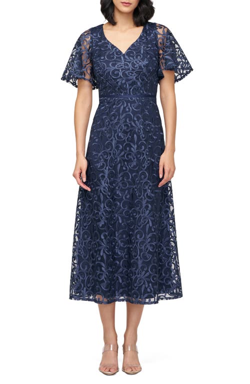 Js Collections Jess Embroidered Flutter Sleeve Cocktail Dress In Blue