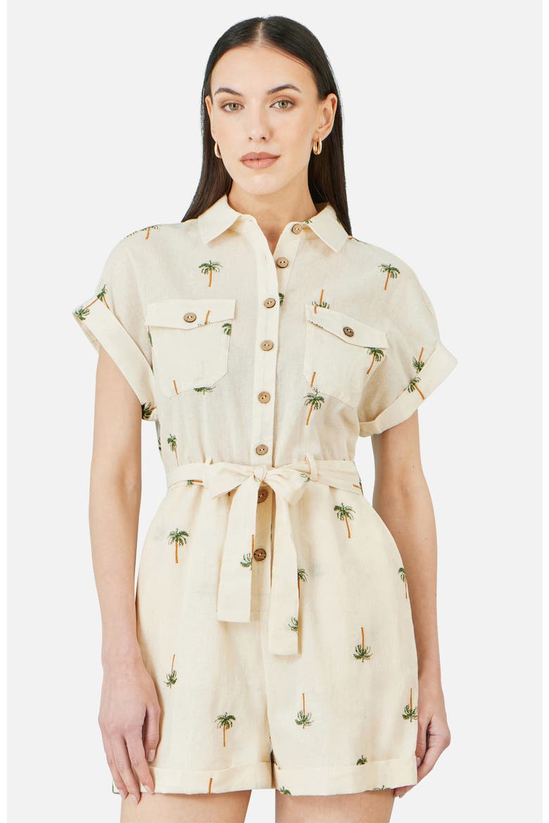 Embroidered Palm Print Cotton Playsuit, Alternate, color, Beige