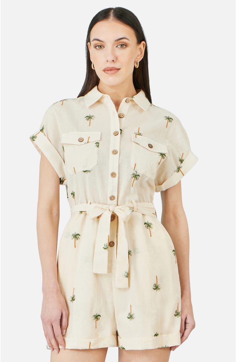Yumi Embroidered Palm Print Cotton Playsuit, Alternate, color, Beige