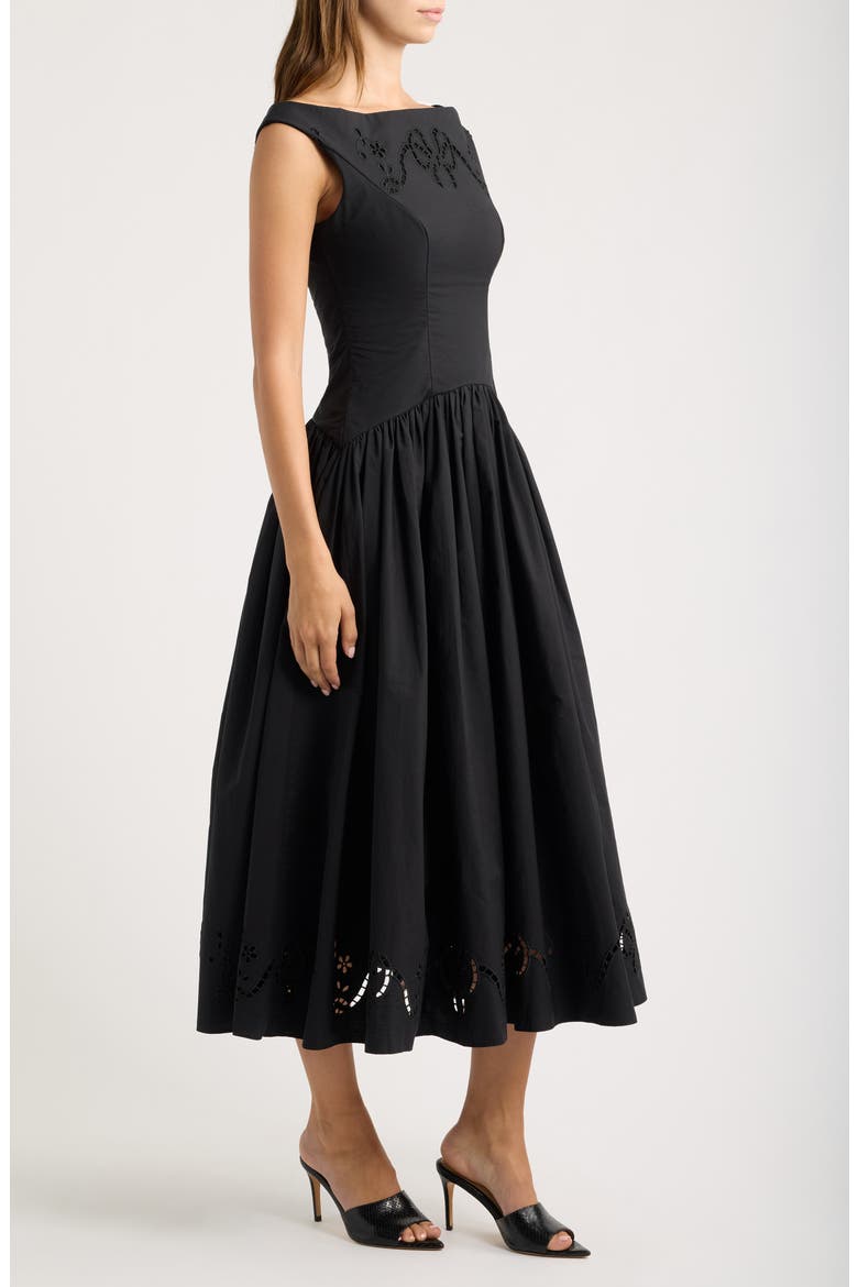 Lauren Embroidered Cotton Blend Midi Cocktail Dress, Alternate, color, BLACK
