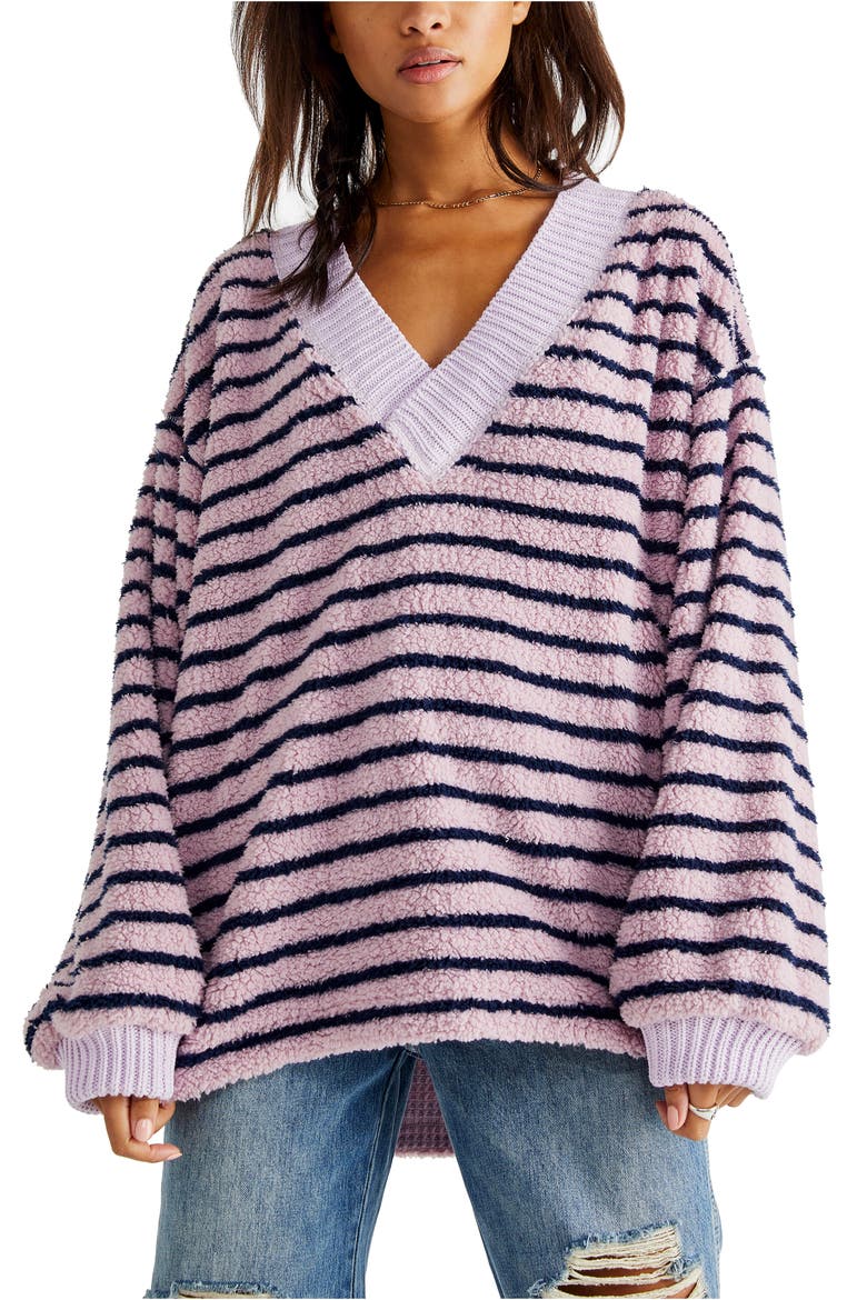 Connell Stripe Faux Fur Top, Main, color, NAVY COMBO