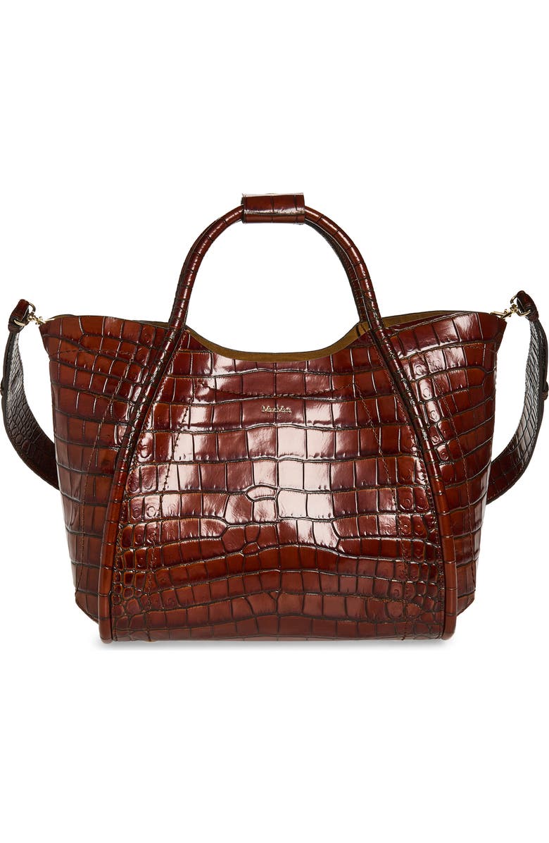 Max Mara Small Marine Croc Embossed Leather Tote, Main, color, Brown