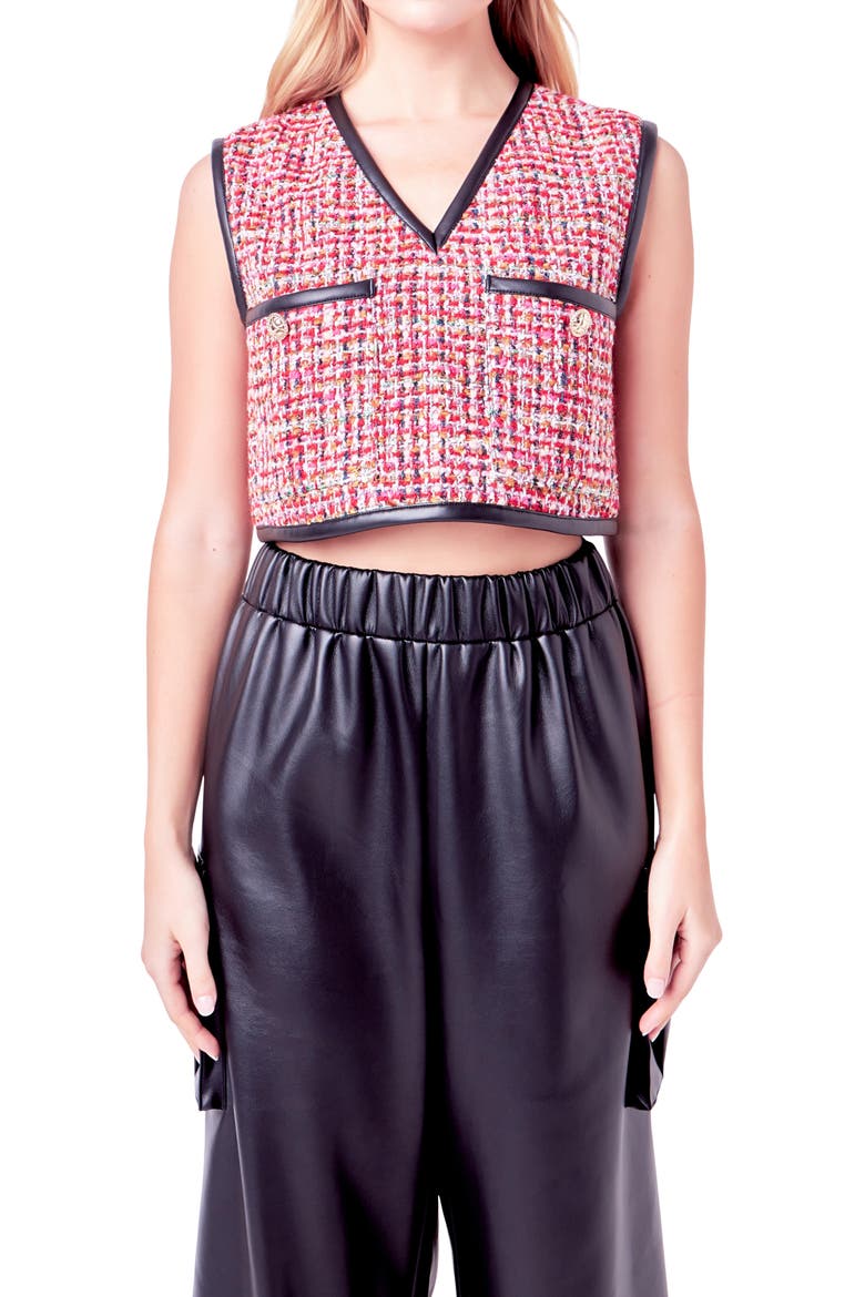 Faux Leather Trim Crop Tweed Vest, Alternate, color, RED MULTI