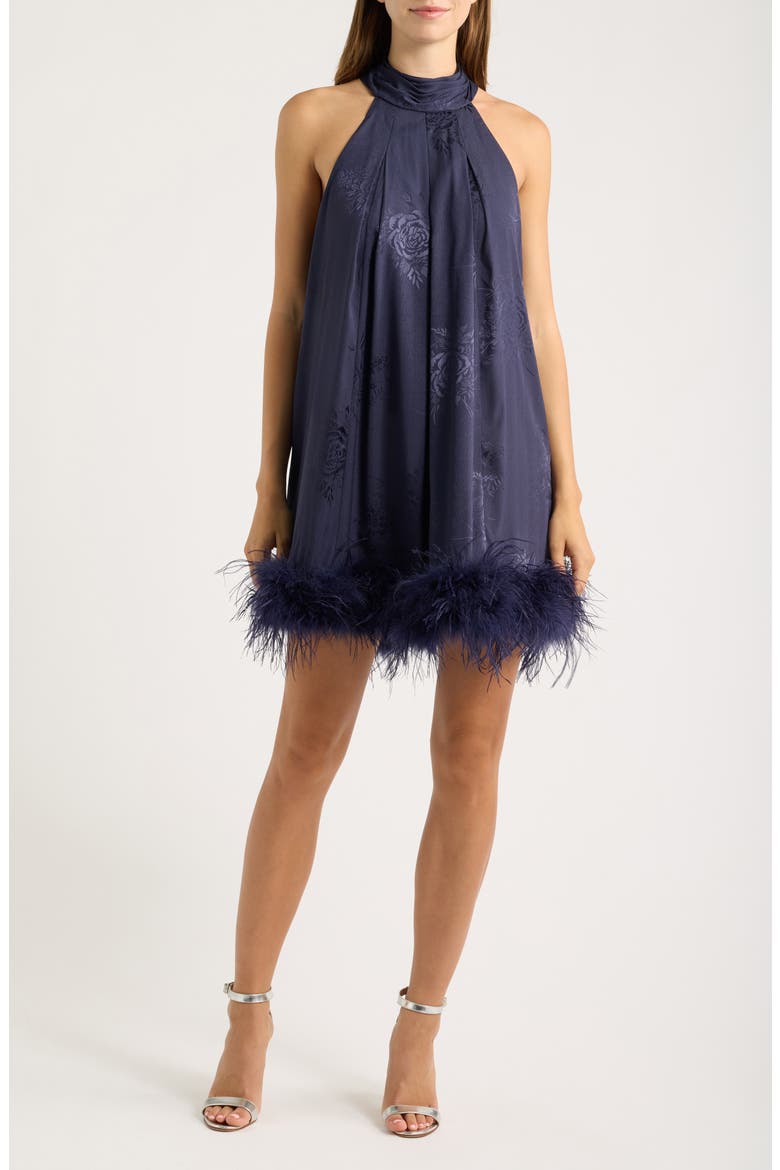 Feather Hem Sleeveless Swing Dress, Main, color, NAVY