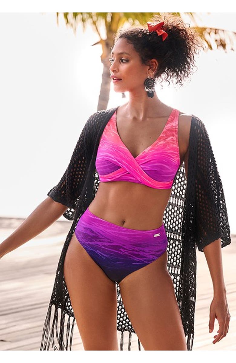 LASCANA Printed Mid Rise Bikini Bottom, Alternate, color, Black & Pink