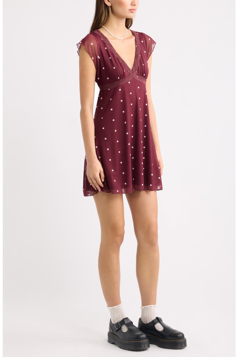 Lace Trim Flutter Sleeve Minidress, Alternate, color, BURGUNDY- IVORY EDEN DOT