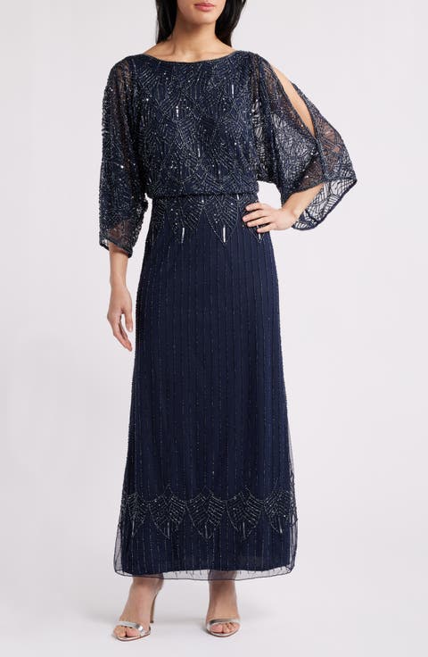 Beaded Cold Shoulder Blouson Cocktail Dress