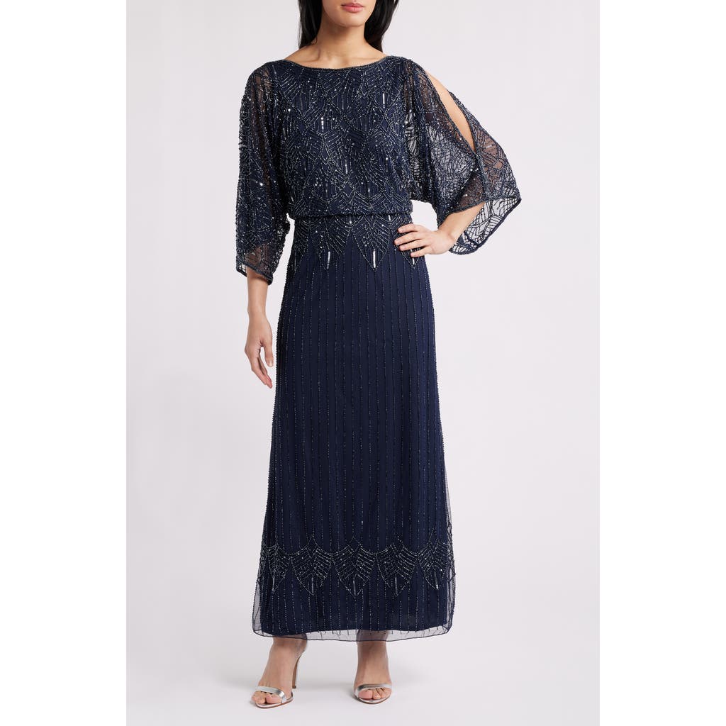 Pisarro Nights Beaded Cold Shoulder Blouson Cocktail Dress In Blue