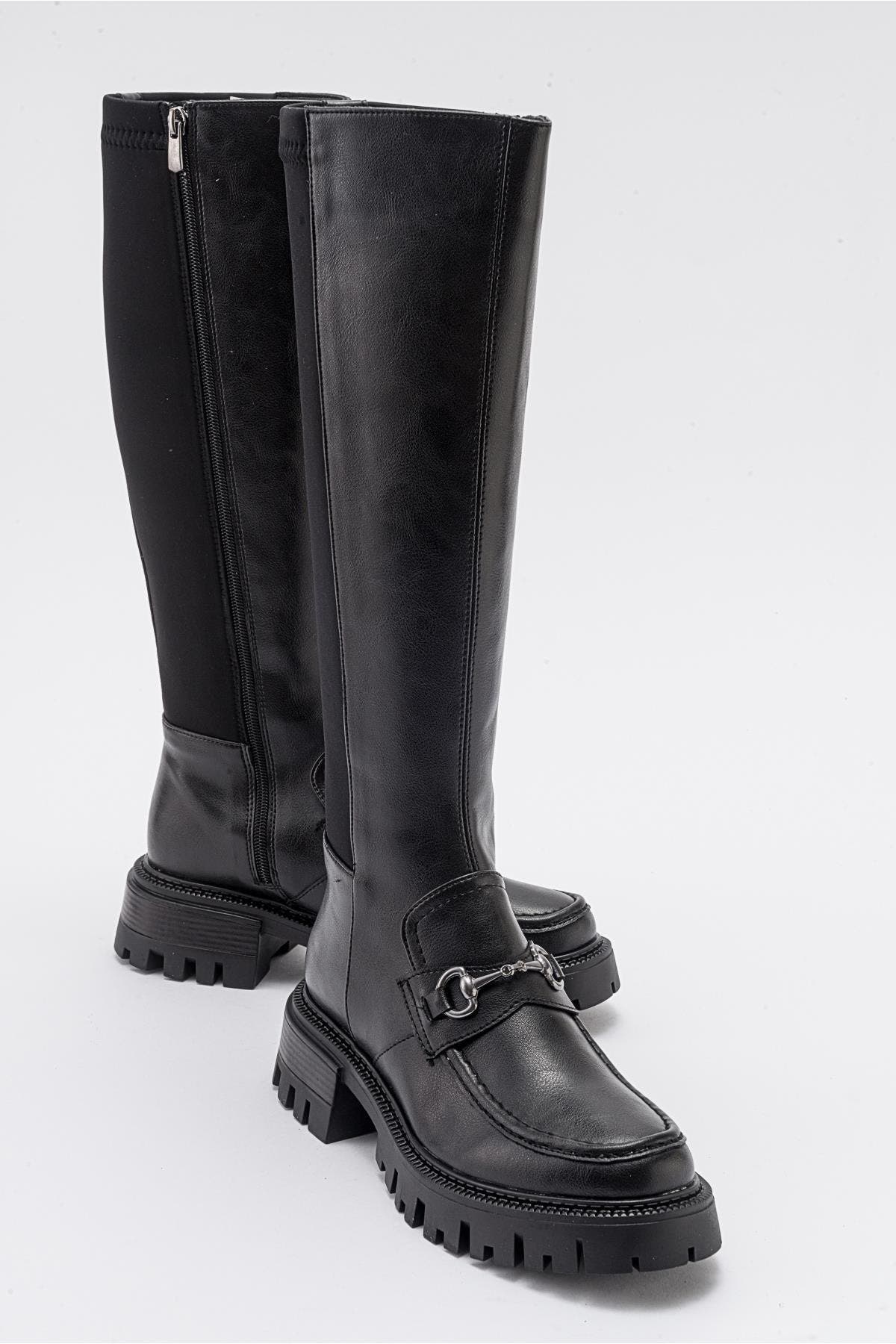Prologue Shoes Chapel Buckle Stretch Boot, Alternate, color, Black Stretch Faux Leather