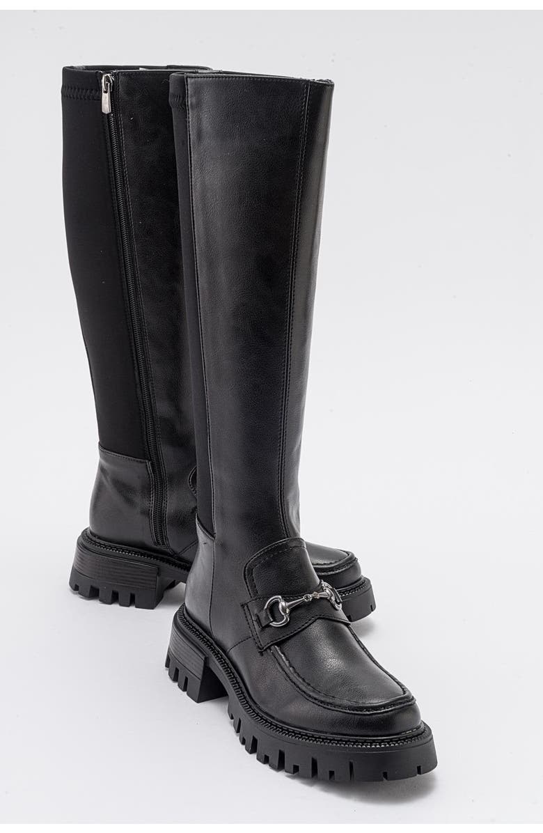 Prologue Shoes Chapel Buckle Stretch Boot, Alternate, color, Black Stretch Faux Leather