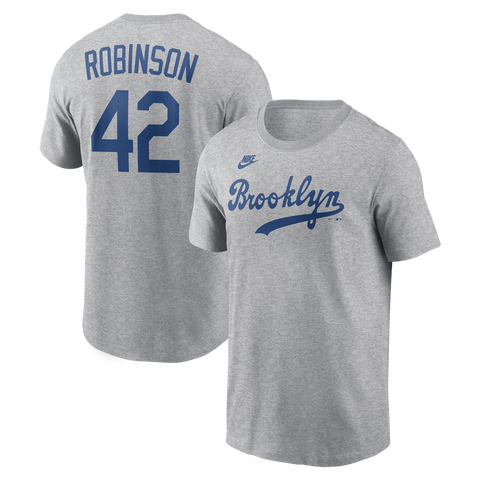 Men's Nike Jackie Robinson Heather Gray Brooklyn Dodgers Cooperstown Collection Name & Number T-Shirt