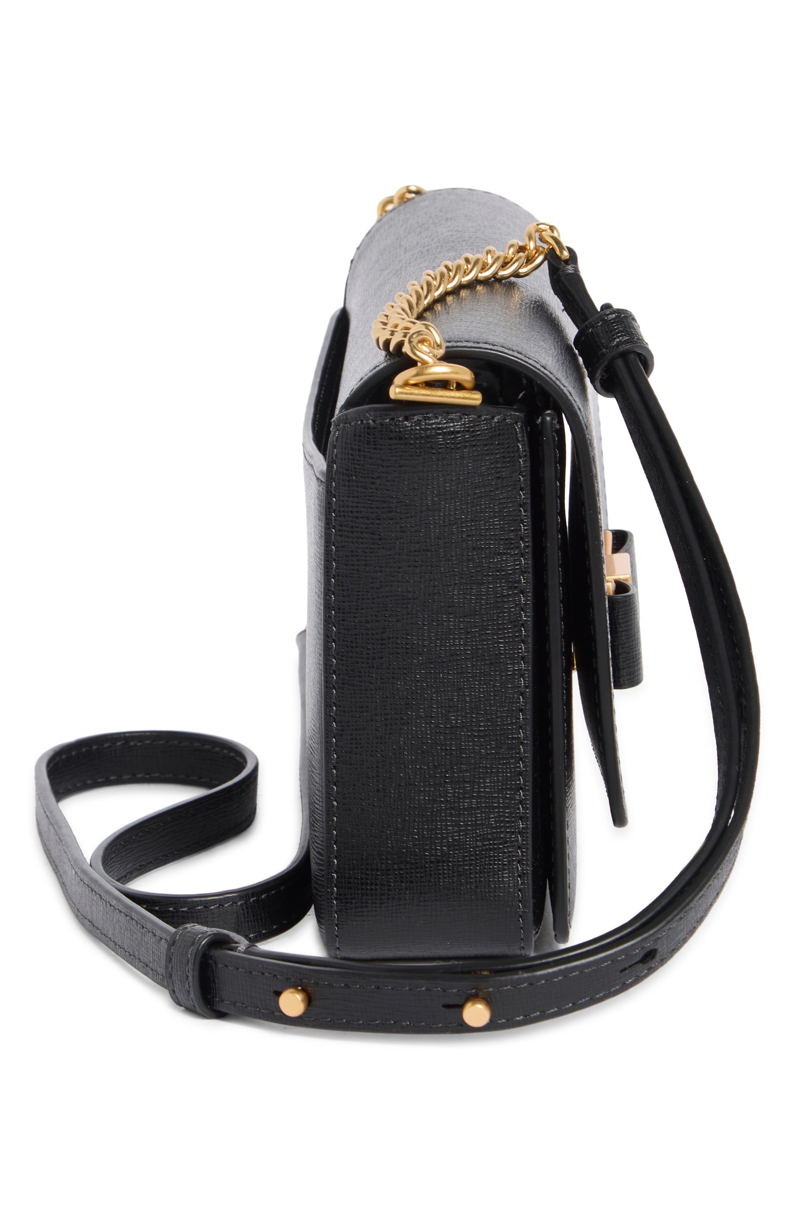 Morgan Bow Embellished Saffiano Leather Crossbody Bag, Alternate, color, BLACK