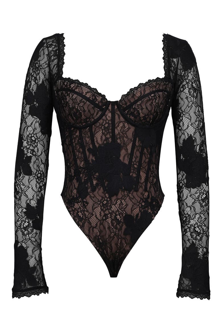 Aneira Long Sleeve Lace Corset Top, Alternate, color, BLACK