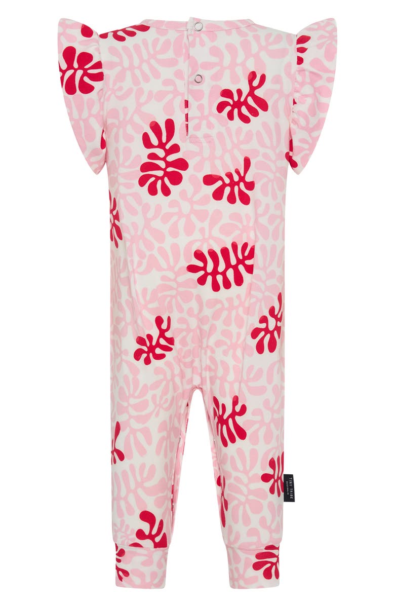 TINY TRIBE Coral Print Ruffle Shoulder Cotton Jersey Romper, Alternate, color, Pink