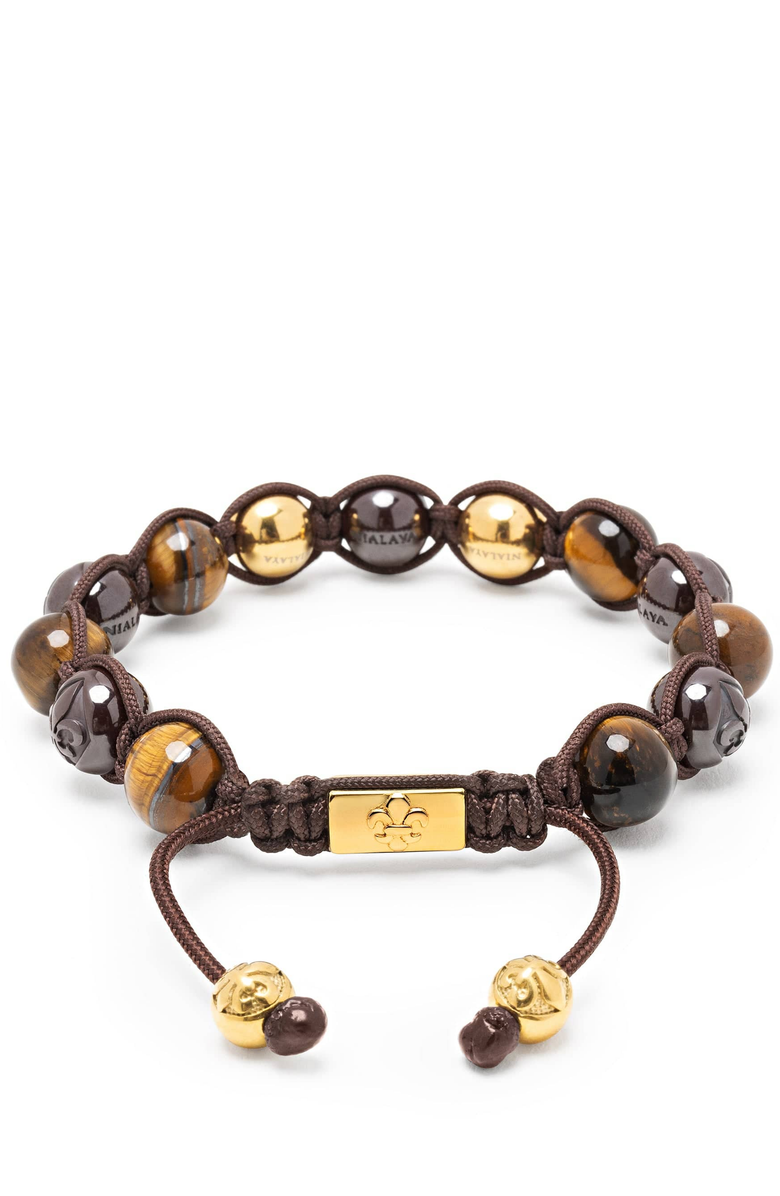 Nialaya Beaded Ceramic Tiger Eye and Gold Bracelet, Main, color, Burgundy / Gold