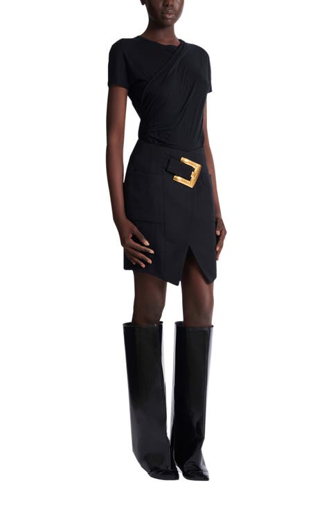 Short grain de poudre skirt with belt