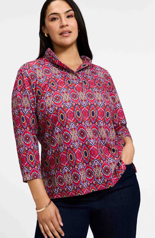Foxcroft Tammy Tile Print Ruffle Collar Jersey Top In Red/multi