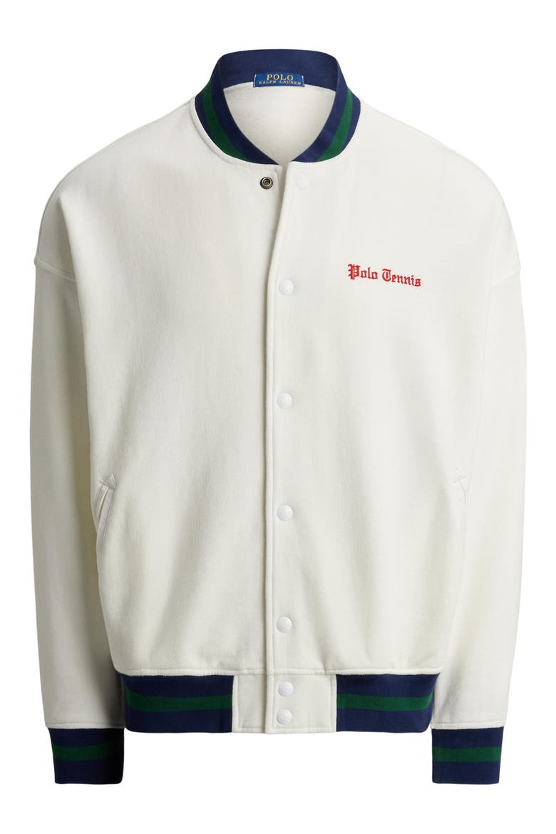Relaxed Fit Fleece Baseball Jacket, Alternate, color, WHITE