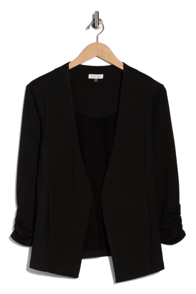 Irene Ruched Sleeve Open Front Blazer, Alternate, color, BLACK