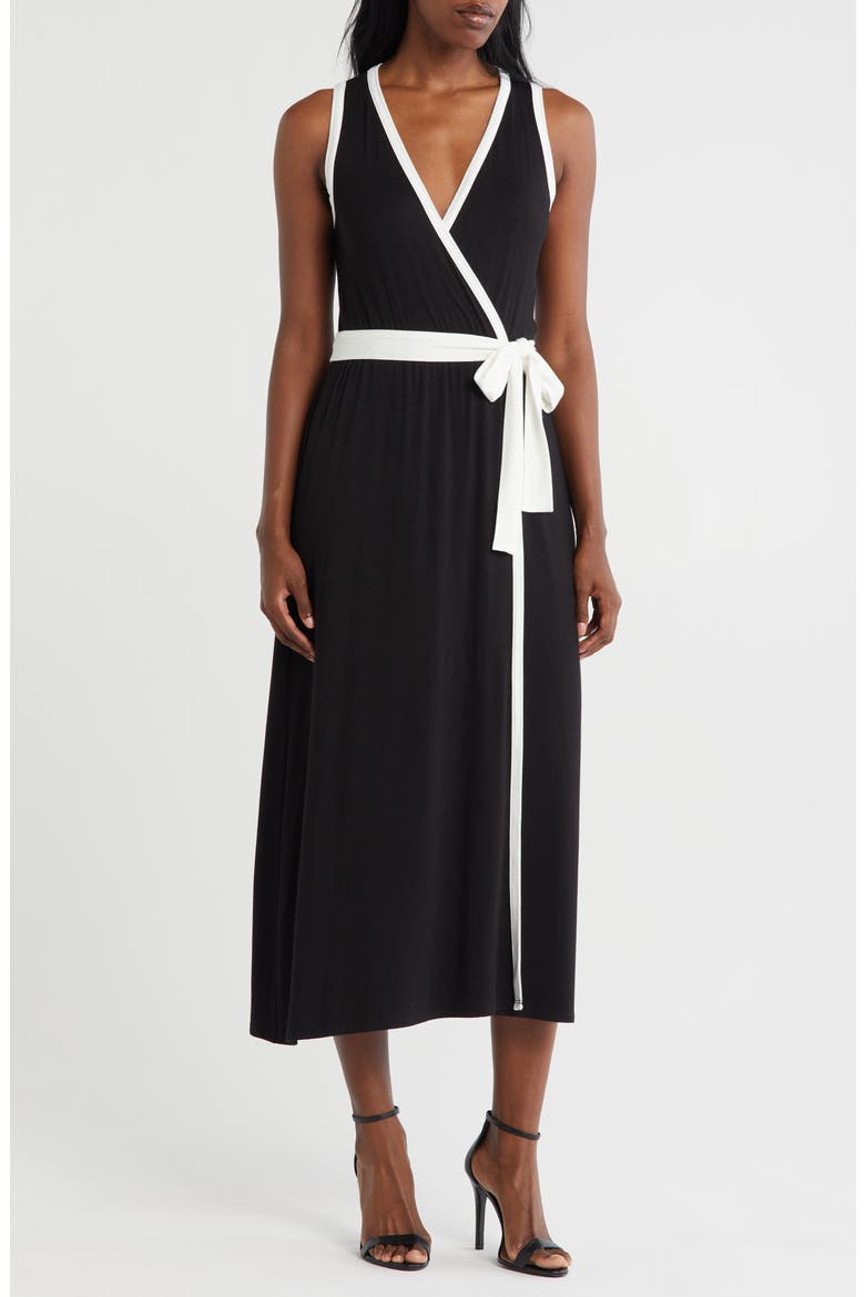 Faux Wrap Midi Dress, Main, color, BLACK