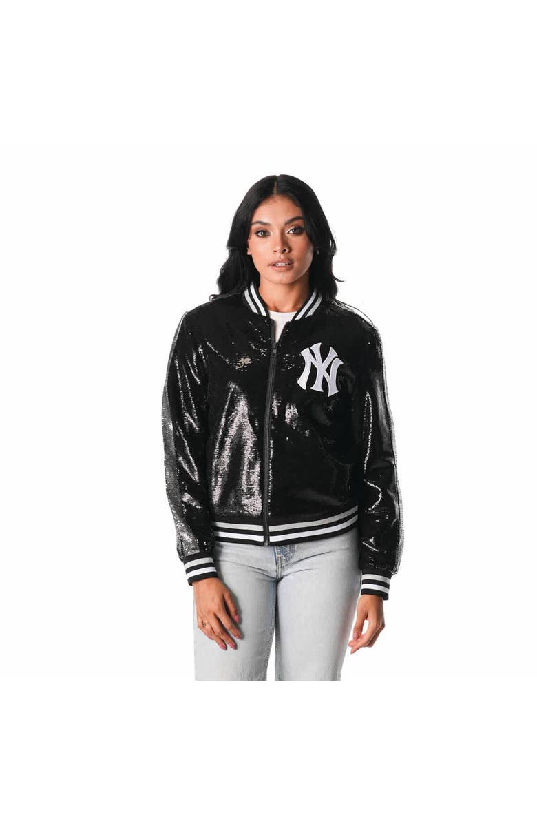 THE WILD COLLECTIVE Women's The Wild Collective  Black New York Yankees Sequin Full-Zip Bomber Jacket, Main, color, 