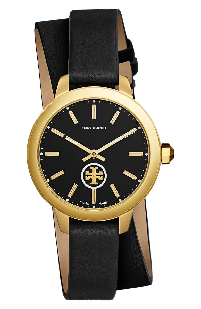 Tory Burch Collins Double Wrap Leather Strap Watch, 38mm, Main, color, 