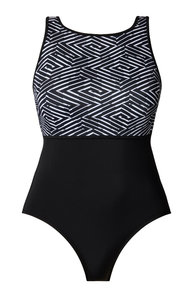 ShapeSolver Sport Binded Highneck Tank Chlorine Resistant One-Piece Swimsuit, Alternate, color, In Graphic Details