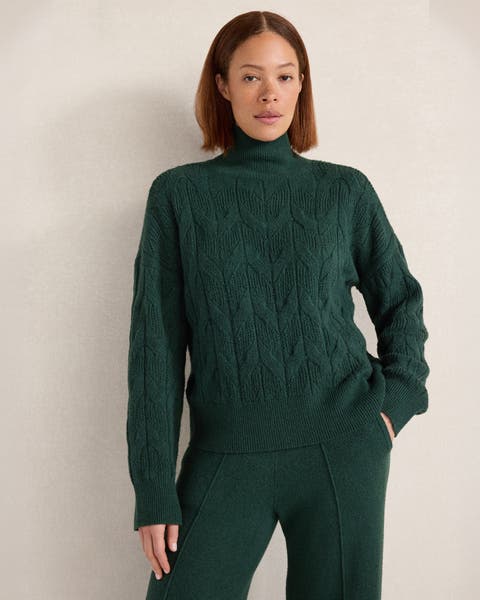 Organic Cotton Blend Cable Knit Mockneck Sweater