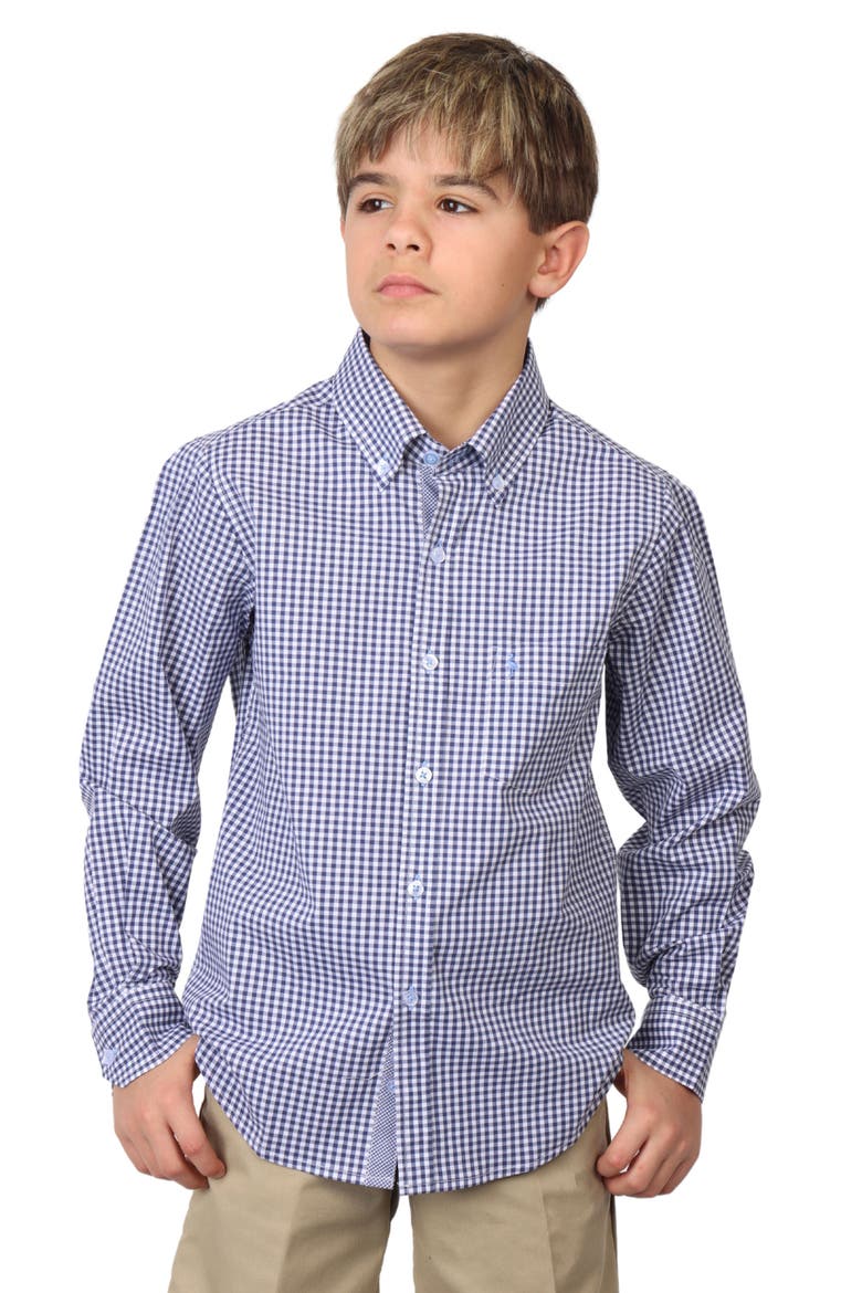 Kids' Micro Gingham Stretch Cotton Button-Up Shirt, Main, color, NAVY