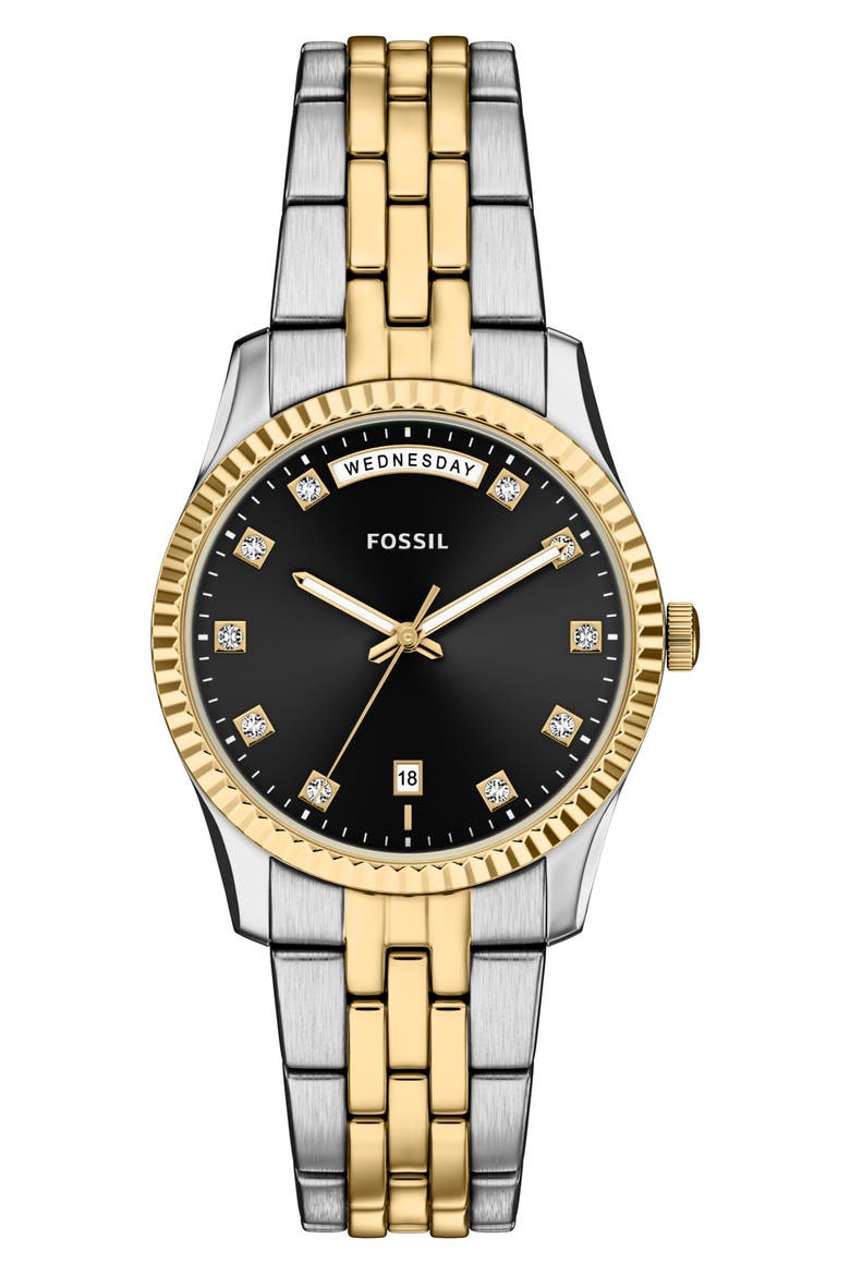 Scarlette Crystal Marker Bracelet Watch, 34mm, Main, color, BLACK/ TWO TONE