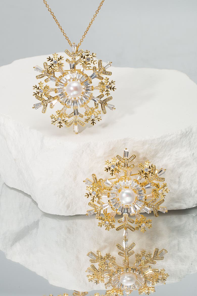 Pavé Cubic Zirconia and Freshwater Pearl Snowflake Multi Way Brooch Pendant, Alternate, color, Gold