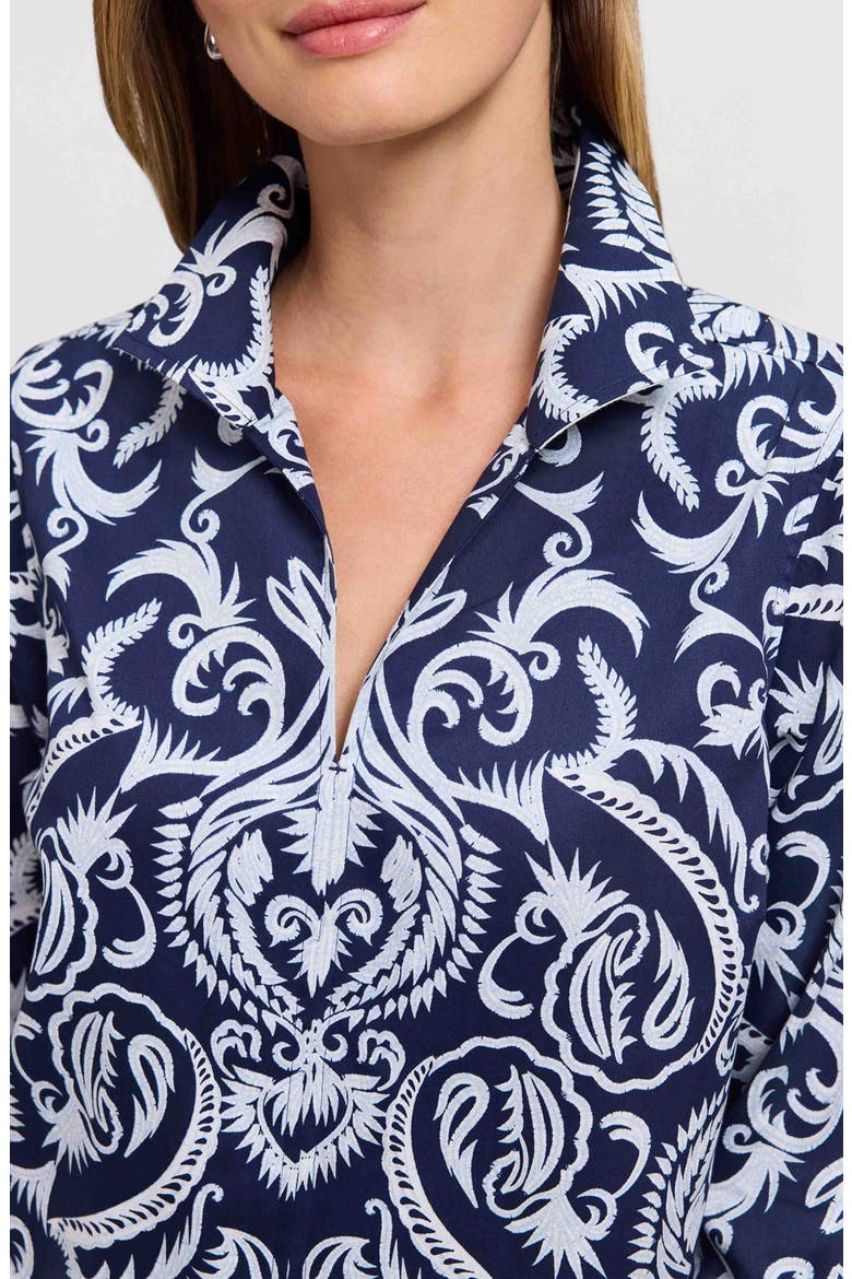 Agnes Florentine Damask Three-Quarter Sleeve Cotton Popover Top, Alternate, color, NAVY BLUE/ WHITE