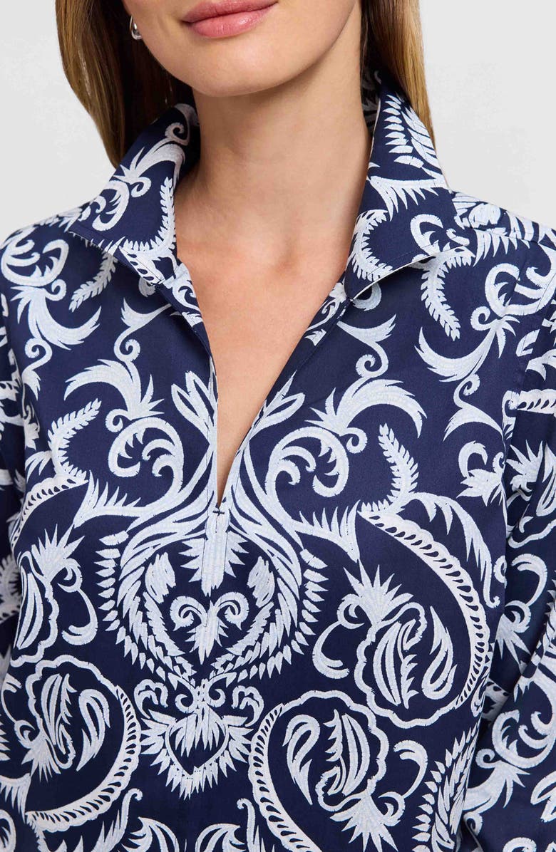 Foxcroft Agnes Florentine Damask Three-Quarter Sleeve Cotton Popover Top, Alternate, color, Navy Blue/ White
