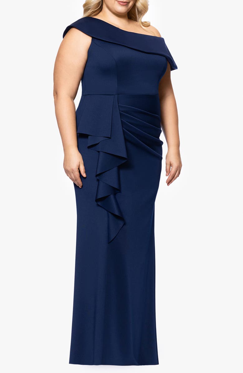 Xscape Evenings Ruffle One-Shoulder Scuba Knit Gown, Alternate, color,